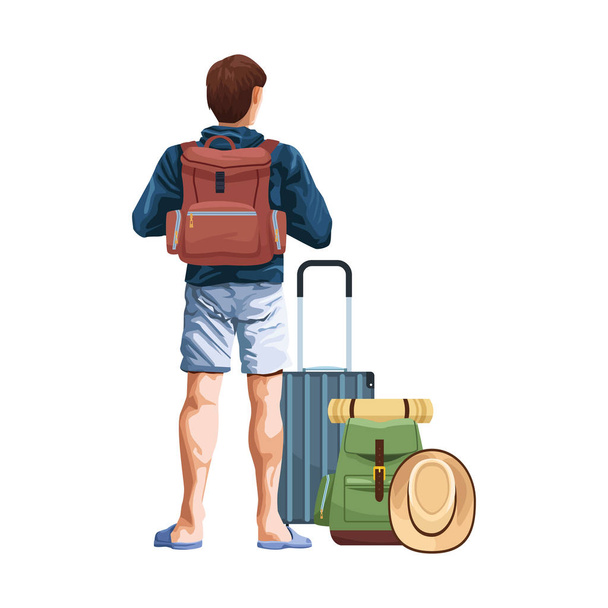 Mann mit Reisekoffer und Rucksack zurück - Vektor, Bild