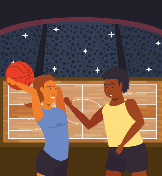 νέοι αθλητές ζευγάρι που παίζουν μπάσκετ με μπαλόνι - Διάνυσμα, εικόνα