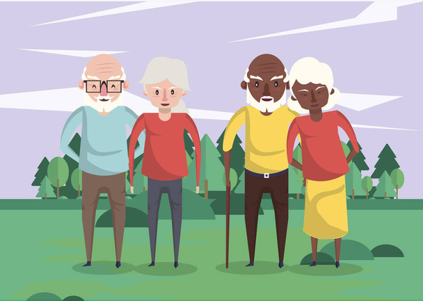 group of interracial grandparents couples in the field - Vector, Image