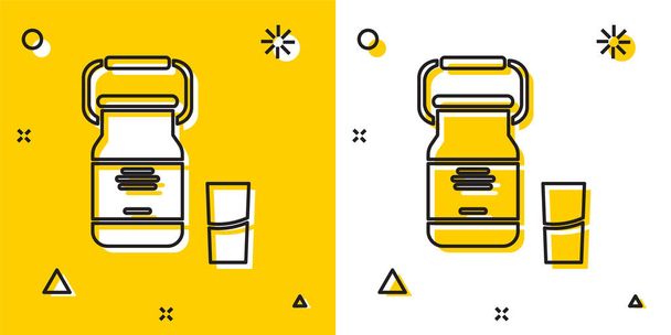 Zwarte kan container voor melk en glas pictogram geïsoleerd op gele en witte achtergrond. Willekeurige dynamische vormen. Vector Illustratie - Vector, afbeelding