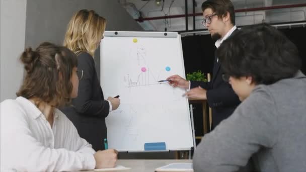 Ondernemers met whiteboard bespreken strategie tijdens een bijeenkomst - Video