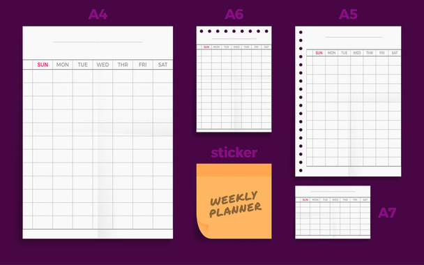 Set of crumpled four Standart blank weekly planner series A form - Vector, Image