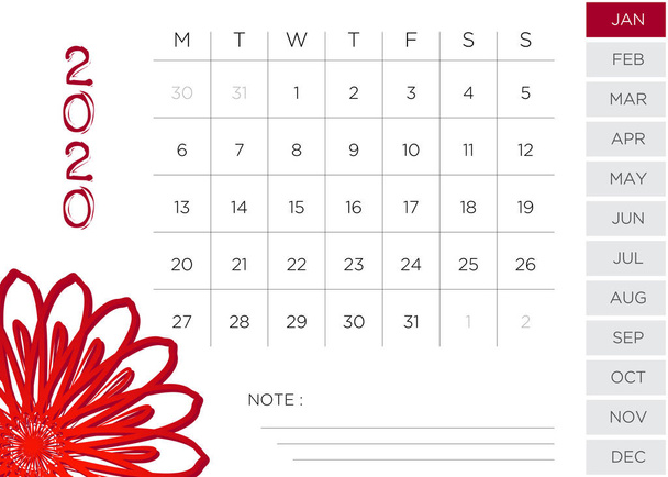 Calendario mensual floral simple Enero 2020
 - Foto, imagen