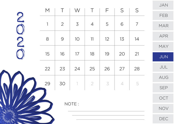 Calendario mensual simple Junio 2020
 - Foto, Imagen