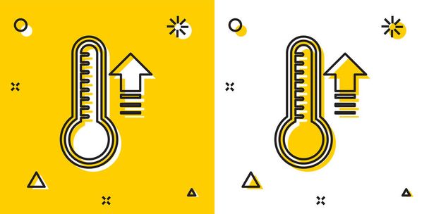 Чорний метеорологічний термометр вимірює тепло і холодний ікон, ізольований на жовтому і білому тлі. Обладнання термометра показує жарку або холодну погоду. Випадкові динамічні форми. Векторний приклад - Вектор, зображення