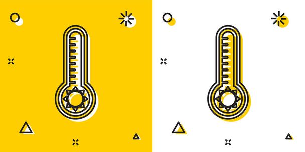 黒気象温度計は、黄色と白の背景に隔離された熱と冷たいアイコンを測定します。高温または低温を示す温度計機器。ランダムな動的形状。ベクターイラスト - ベクター画像