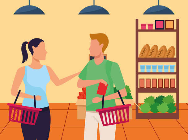 Avatar Frau und Mann an Supermarkt-Ständen mit Lebensmitteln, buntem Design - Vektor, Bild