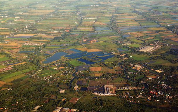Вид с воздуха на окрестности и зеленые рисовые поля в сельской местности, рядом с рекой Чао Прайя
. - Фото, изображение