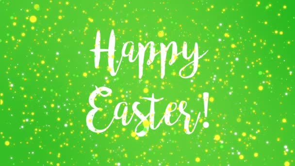 Sparkly Happy Easter greeting card video animation with handwritten text and colorful glitter particles flickering on green background. - Footage, Video
