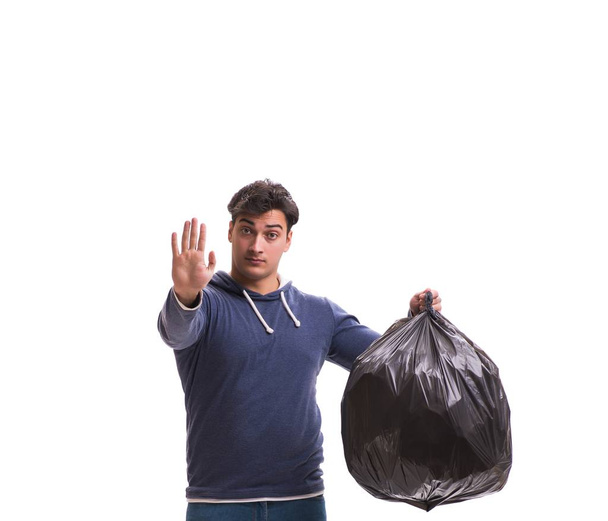 Hombre con saco de basura aislado en blanco
 - Foto, imagen