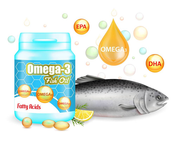 Omega 3 fish oil supplement advertising vector poster template - Vektör, Görsel
