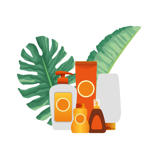 hojas tropicales y bronceadores sol botellas icono, diseño colorido
 - Vector, imagen