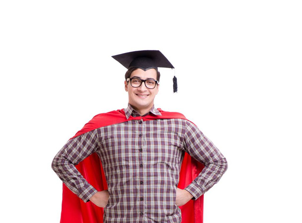 Super sankari opiskelija valmistuu yllään laasti aluksella korkki eristetty - Valokuva, kuva
