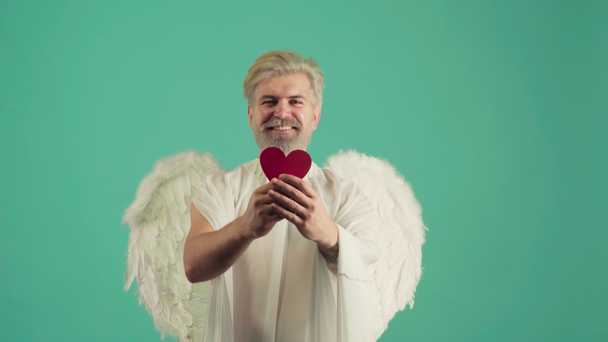 Funny Man as the cupid with a wings congratulating on St Valentines day. Valentine giving heart. Valentines Day. Portrait of male Angel. - Footage, Video