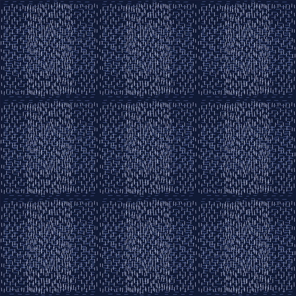 Boro Fabric Patch Kantha Vector Pattern. Zatracená výšivka Needlework Bezešvé pozadí. Indigo Blue Barvy. Sashiko Running Stitch Texture Print. Japonsko módní maskulinní quilting dlaždice Eps 10 - Vektor, obrázek