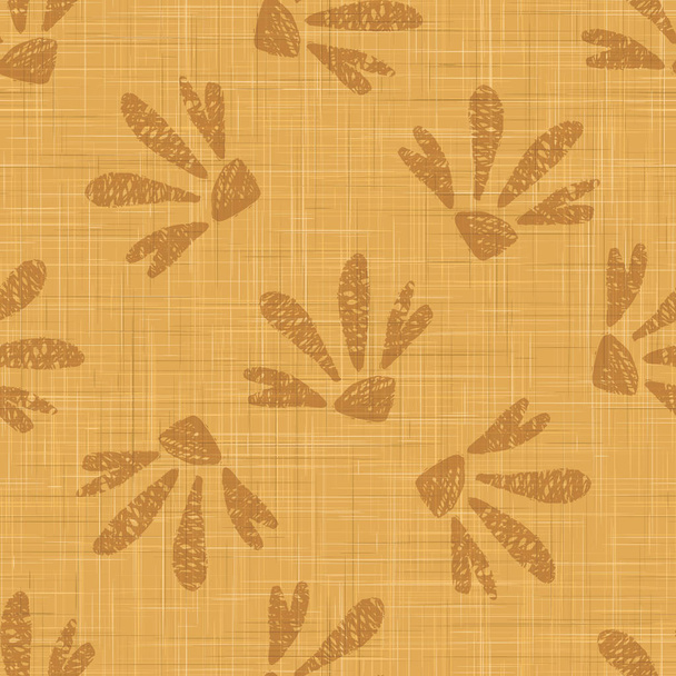Gold French Linen Texture Background printed with Brown Daisy Flowers. Natural Dye Ecru Flax Fibre Seamless Pattern. Organic Close Up Weave Fabric for Wallpaper, Cloth Packaging, Vector EPS10 - Vector, Image