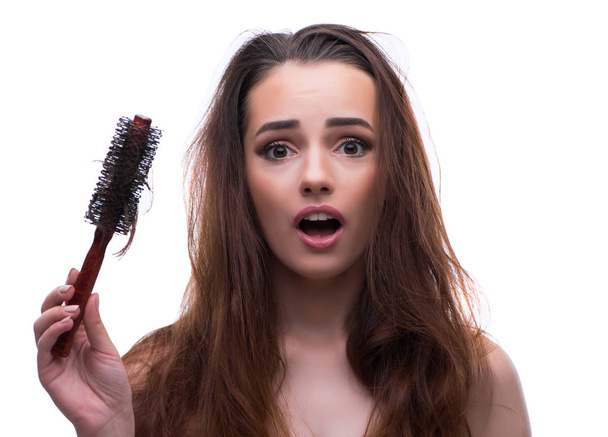 Frau in Schönheitskonzept kämmt Haarausfall - Foto, Bild