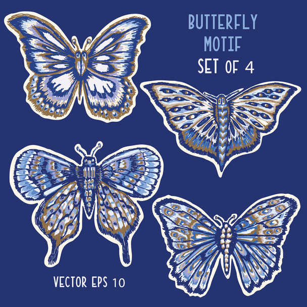 Dettagliato farfalle dipinte a mano Icona motivo. Realistico Blue Morpho Ali per la natura Clip Art Sticker, Elemento isolato. Midgnight Indigo Blue Collezione esotica di insetti alati. Set di 4 Vettori EPS10
 - Vettoriali, immagini