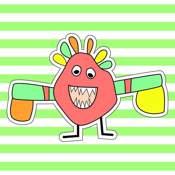 Um monstro de dentes rosados com penas na cabeça se alegra, isolado em um fundo listrado verde. Adesivo no estilo de fotos infantis
 - Vetor, Imagem
