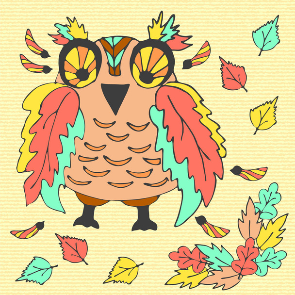 Un brillante búho con volantes multicolor se sienta en el suelo en hojas de otoño. ilustración dibujada a mano
 - Vector, imagen