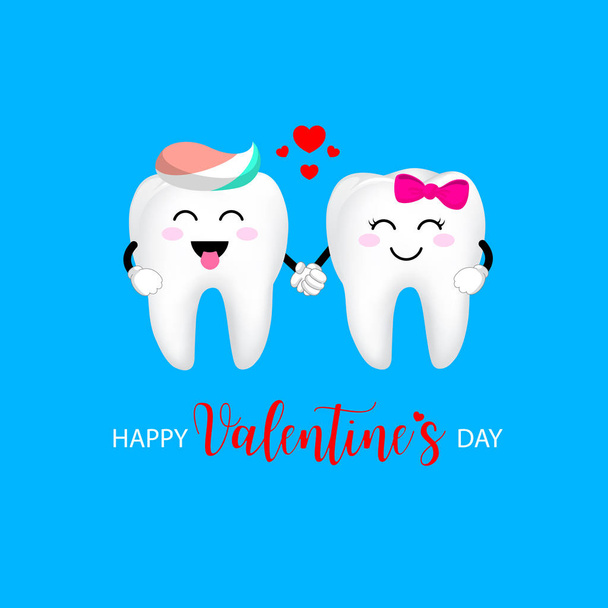 Cute cartoon tooth character with red heart. Couple in love,  Valentine's day concept. Illustration isolated on blue background. - Vector, Image