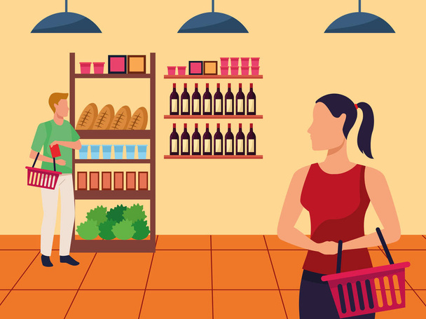 Avatar mężczyzna i kobieta w alejce supermarketów - Wektor, obraz