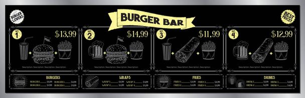 Burger bar menu malli - hinnasto / banneri (sarjat, hampurilaiset, tortilla kääreet, ranskalaiset perunat, juomat) - 200 x 60 cm
 - Vektori, kuva