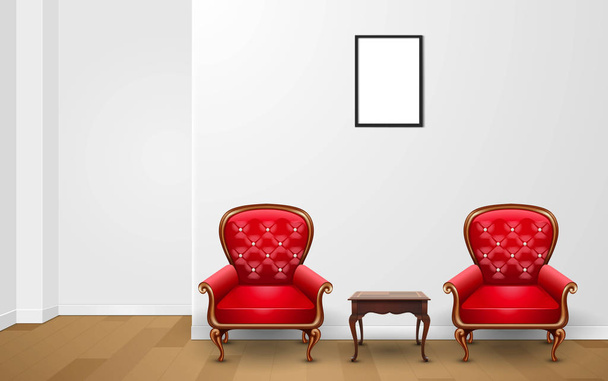 κόκκινες καρέκλες και ξύλινο τραπέζι στο δωμάτιο - Διάνυσμα, εικόνα