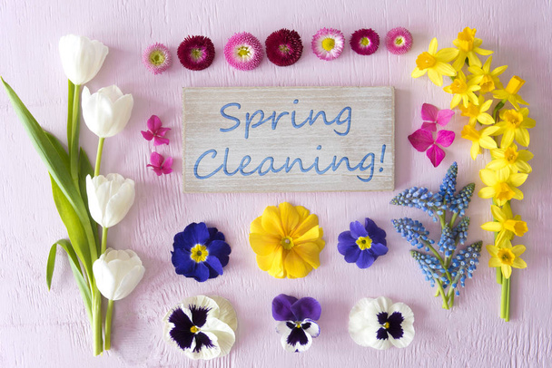Flat Lay With Spring Flower Blossoms, Sign, Text Spring Cleaning - 写真・画像