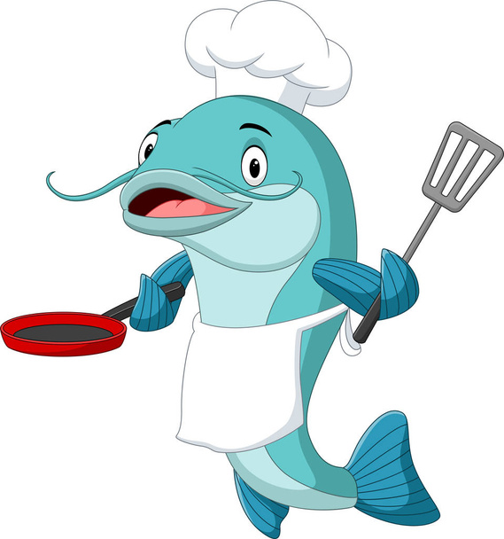 Векторная иллюстрация шеф-повара мультяшного сома, держащего сковороду и лопатку
 - Вектор,изображение