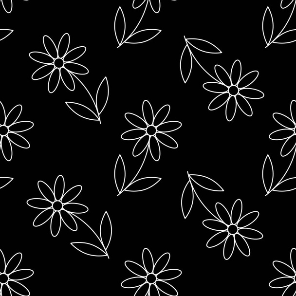 százszorszép virágos ismétlődő minta fekete háttér kamilla sziluett zökkenőmentes minta - Vektor, kép