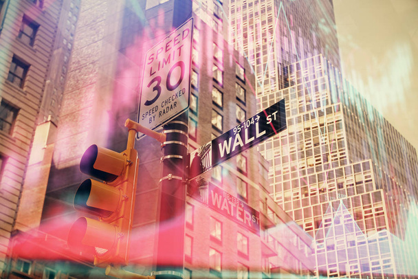 Forex chart on cityscape with tall buildings background multi exposure. Financial research concept. - Fotoğraf, Görsel