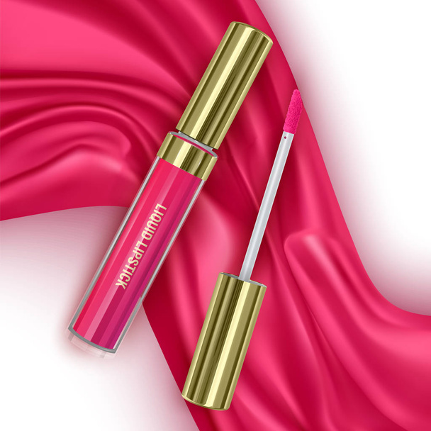 realistischer roter Lippenstift auf leuchtend rosafarbenem Seiden- oder Samtstoff-Hintergrund, kosmetische offene Tuben mit Kosmetik für Frauen-Make-up, Werbeplakat für Magazine, Format Vektor eps 10 - Vektor, Bild