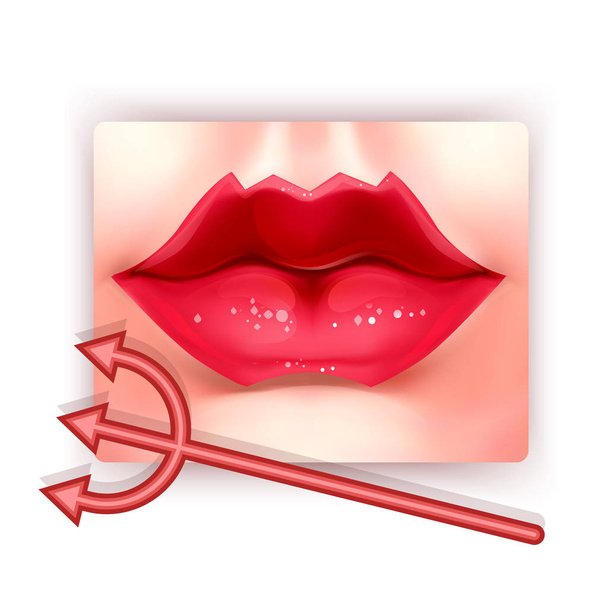 Realistic illustration of lips of the devil. Red lips, Vector art isolated on white background. A new trend in cosmetology - ベクター画像