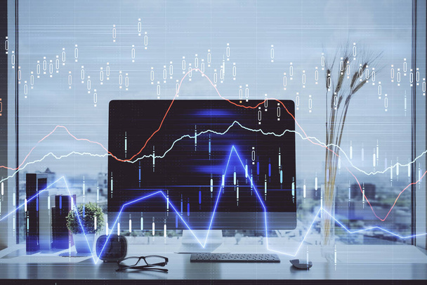 Forex market graph hologram and personal computer on background. Double exposure. Concept of investment. - Φωτογραφία, εικόνα