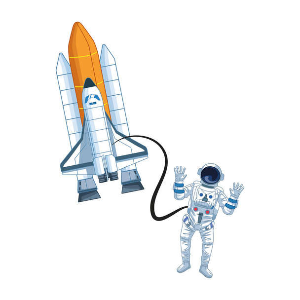 Astronaut flies with space shuttle icon - Vector, Image