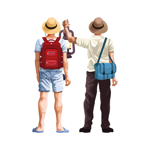 dos hommes avec sacs à dos de camping et chapeaux icône
 - Vecteur, image