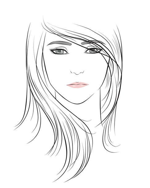 Lányos arc, hosszú haj portré. fehér háttérrel elszigetelve. kézzel rajzolt vektor illusztráció - Vektor, kép