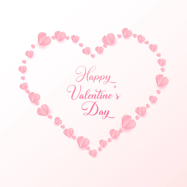 Feliz día de San Valentín tarjeta de felicitación con papel volador cortado corazones de color rosa. Vector
 - Vector, Imagen