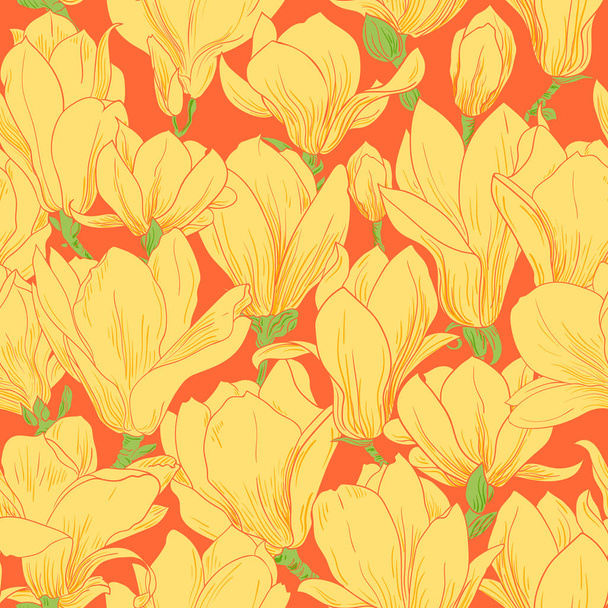 Padrão de magnólia, ornamento floral linha. Fundo sem emenda. Ilustração desenhada à mão em estilo vintage, laranja néon
 - Vetor, Imagem