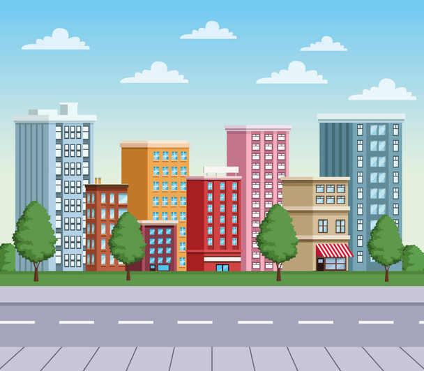 buildings cityscape with road urban scene - Vector, Image