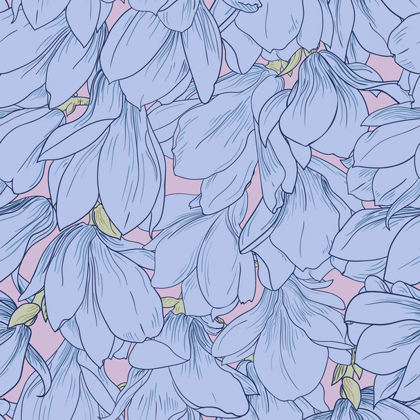 Magnolia pattern, blue line floral ornament. Seamless background. Hand drawn illustration in vintage style, blue color - Wektor, obraz