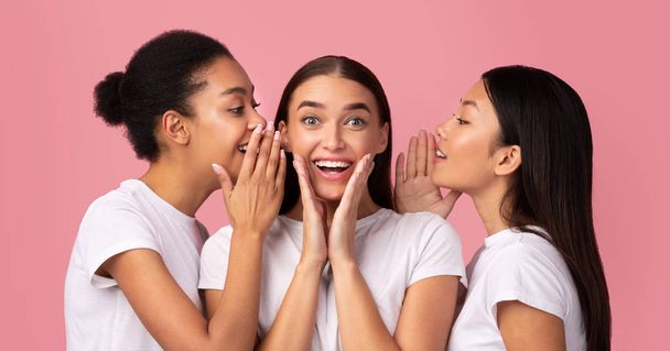 Τρία Millennial κορίτσια μοιράζονται μυστικά στέκεται πάνω από ροζ φόντο, Πανόραμα - Φωτογραφία, εικόνα