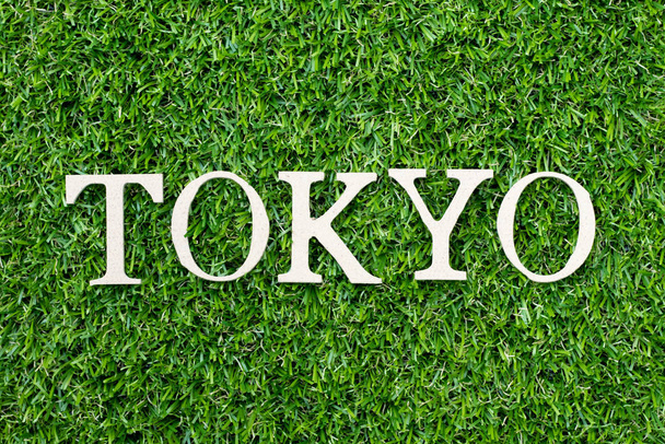 Holz Alphabet Buchstabe in Wort Tokyo auf grünem Gras Hintergrund - Foto, Bild