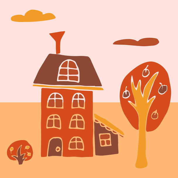 Barevný byt křivý starý dům stojí mezi stromy naivní dětské ilustrace - Vektor, obrázek