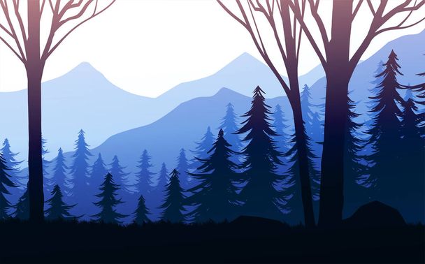 Natural Pine forest mountains horizon Landscape wallpaper Mountains lake landscape silhouette tree sky Sunrise and sunset Illustration vector style colorful view background - Vecteur, image