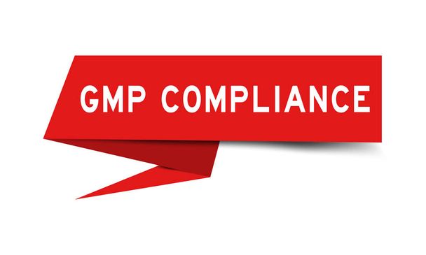 白い背景にGmpという単語(良い製造慣行の略語)のコンプライアンスと赤い色の紙のスピーチバナー - ベクター画像