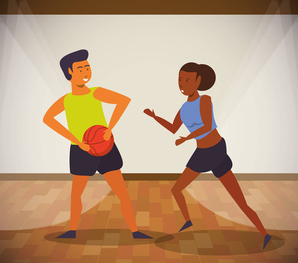 joven pareja atletas jugando baloncesto con globo
 - Vector, Imagen