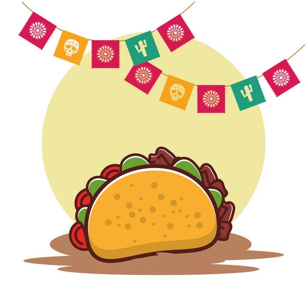 leckeres mexikanisches Taco-Essen mit Partygirlanden - Vektor, Bild