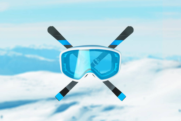 Lunettes de neige bleues et skis croisés. Sommets montagneux en arrière-plan
 - Photo, image